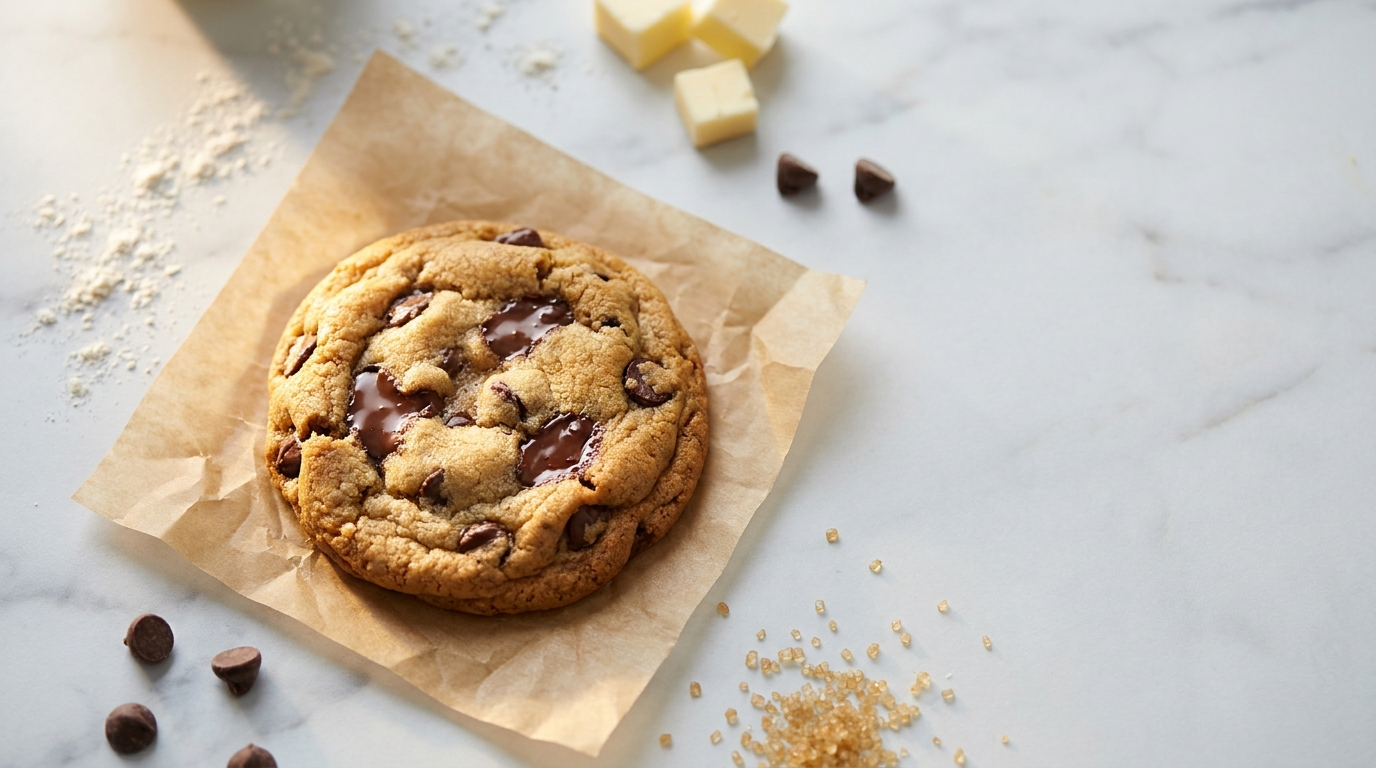 A large golden triple chocolate chunk cookie with melted chocolate on parchment